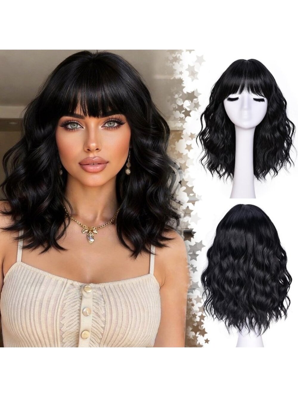Women's Black 14 Inch Natural Synthetic Short Curly Wavy Fiber Wigs